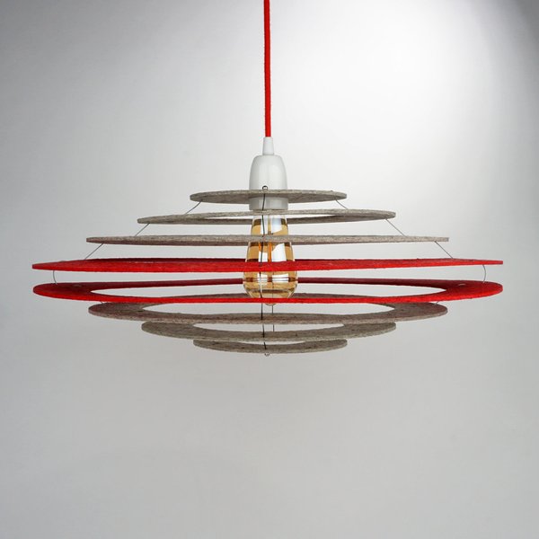 Planet Rot- Lampe aus Wollpressplatten - Porzellan Fassung/Baldachin - rotes Textilkabel